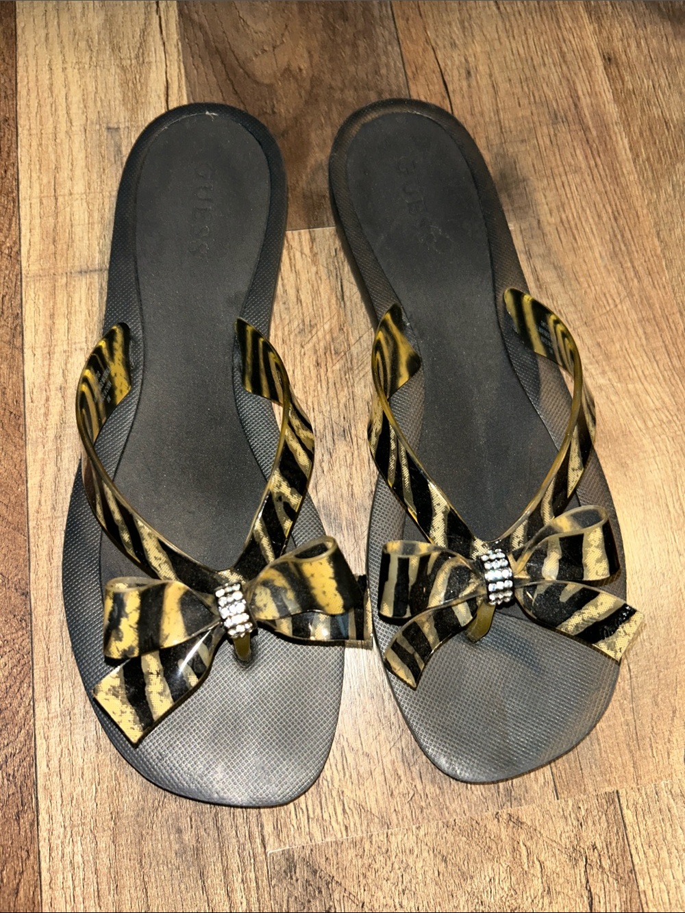 Guess Black Sandal Flip-Flops with Yellow Zebra Bow and Rhinestone Accent